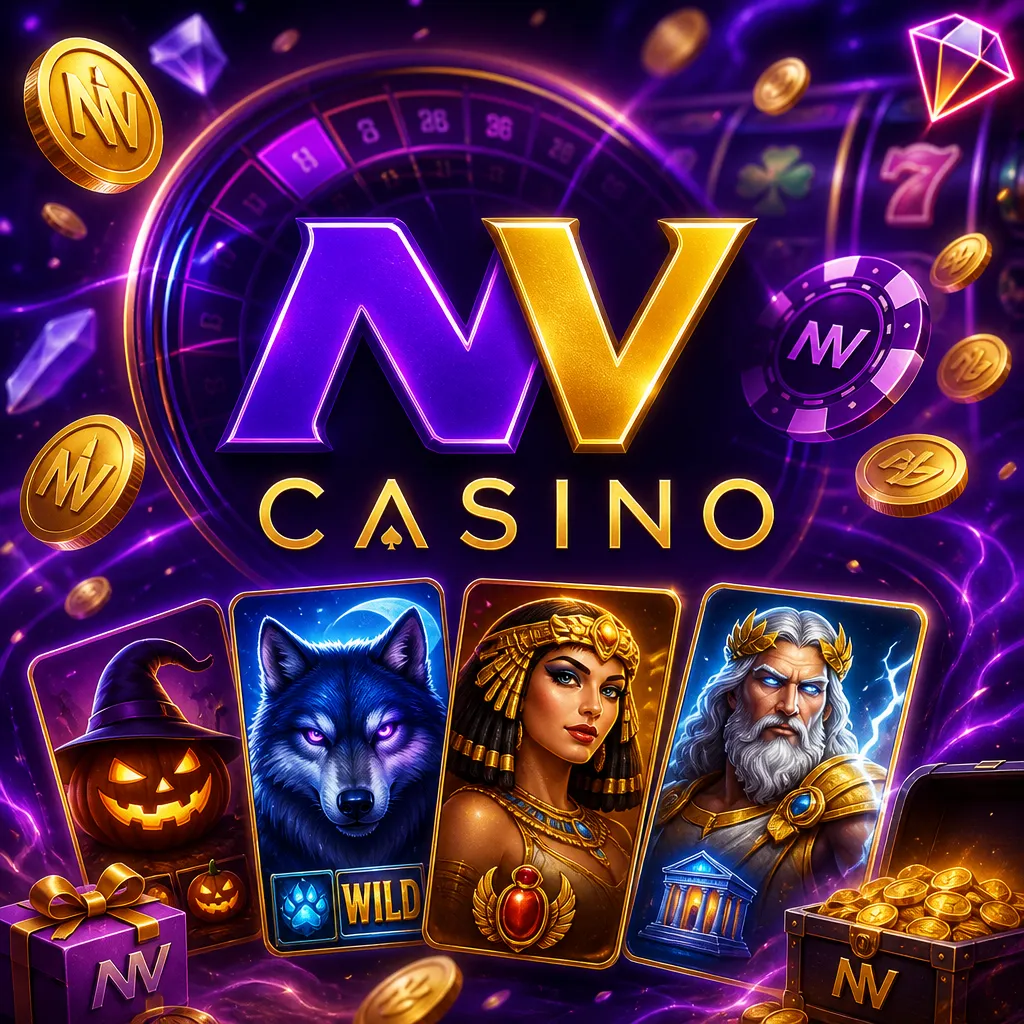 NV Casino promo image featuring branded logo, purple-magenta neon glow, and slot-card style visuals in a 1024x1024 compositio